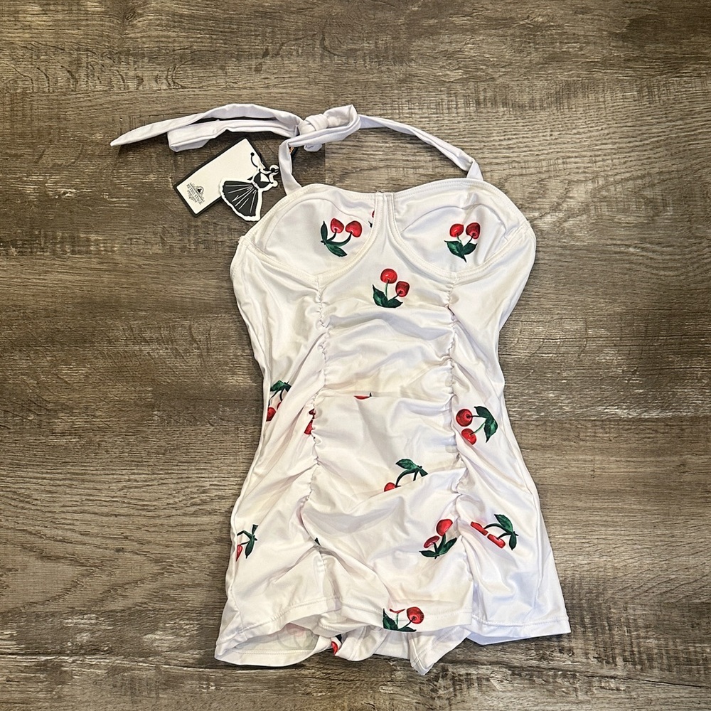 White Cherry-Print Halter One-Piece Swimsuit
